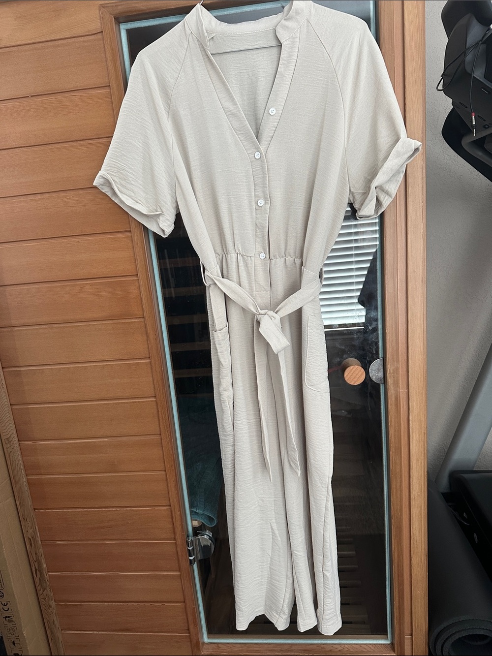 SHEIN Light Beige Button-Down Romper with Waist Tie